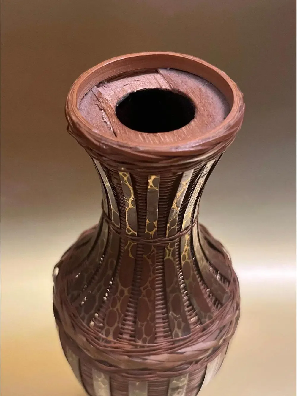 Vintage Wood & Rattan Wicker Vase Candle Holder with Golden Maroon Green Accents